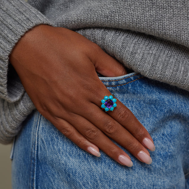 Statement Turquoise Flower Ring with Amethyst Center