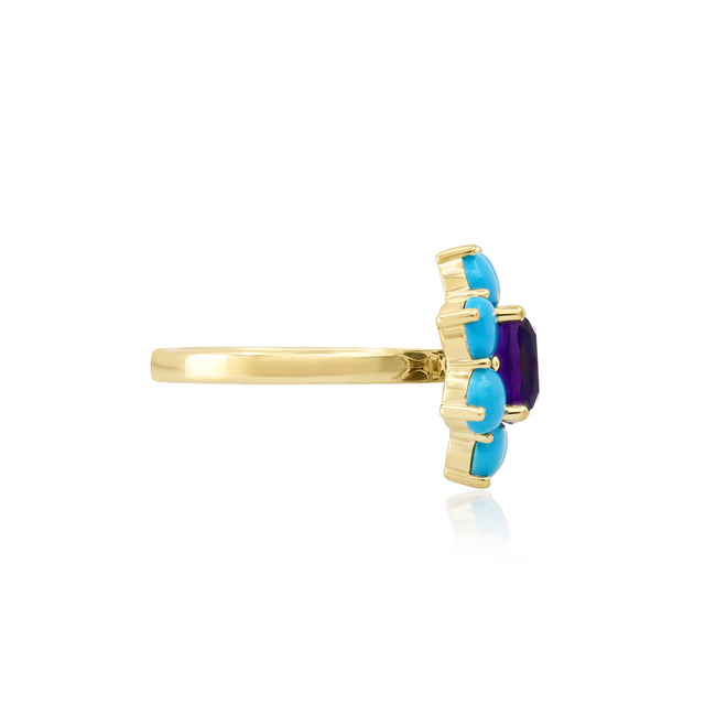 Statement Turquoise Flower Ring with Amethyst Center
