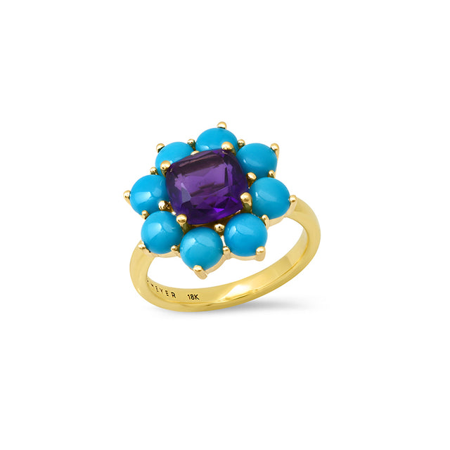 Statement Turquoise Flower Ring with Amethyst Center