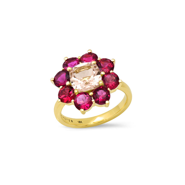 Statement Rubellite Flower Ring with Morganite Center