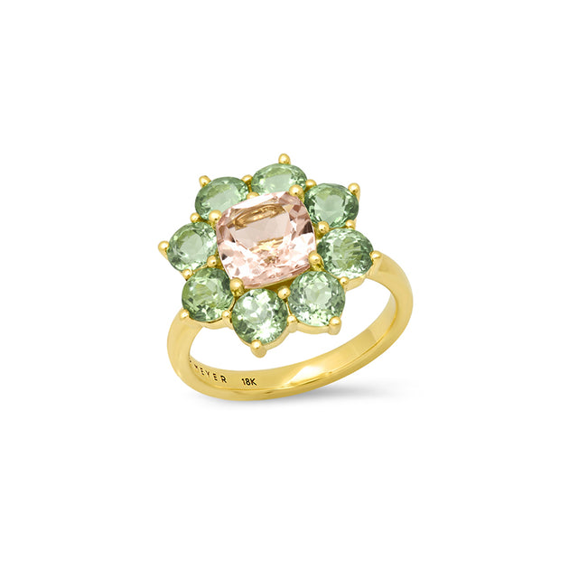 Statement Mint Tourmaline Flower Ring With Morganite Center