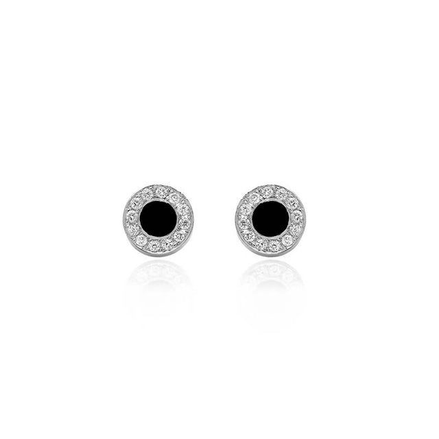 White Gold Onyx Inlay Circle Studs with Diamonds