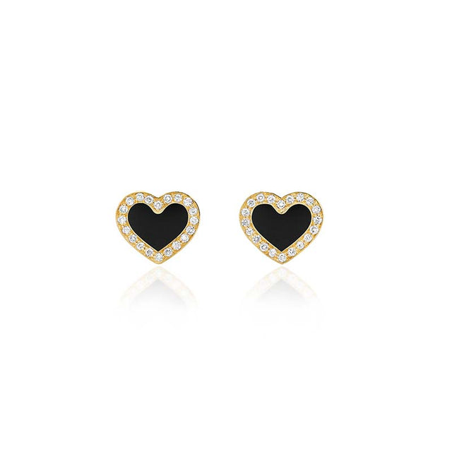 Onyx Inlay Heart Studs with Diamonds