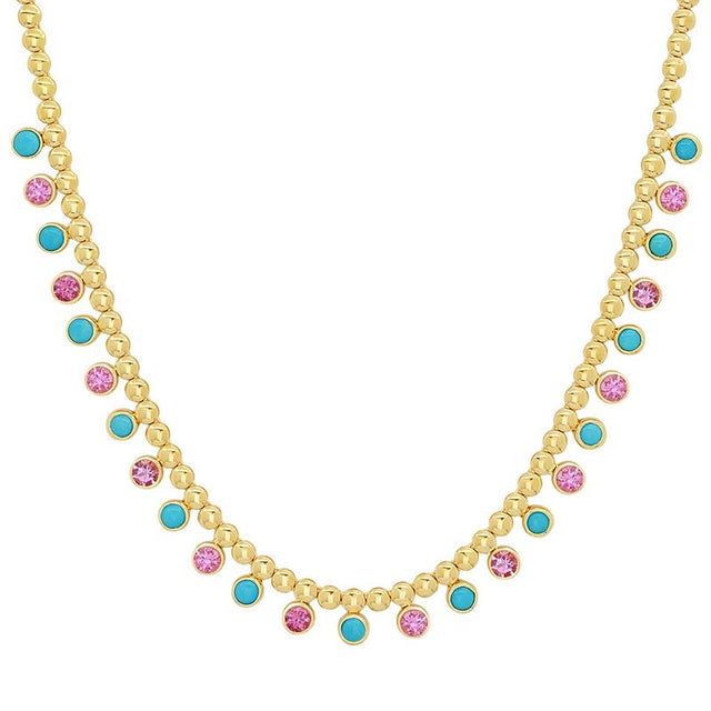 Bezel Tennis Necklace with 1/3 Pink Sapphire & Turquoise Bezel Accents