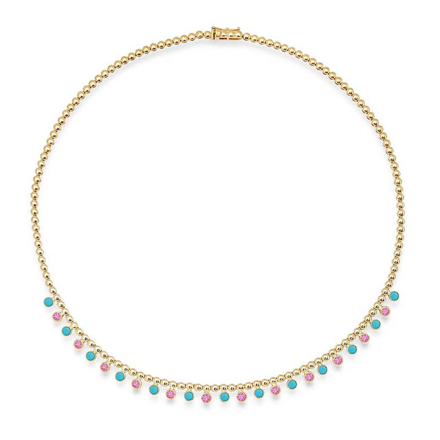 Bezel Tennis Necklace with 1/3 Pink Sapphire & Turquoise Bezel Accents