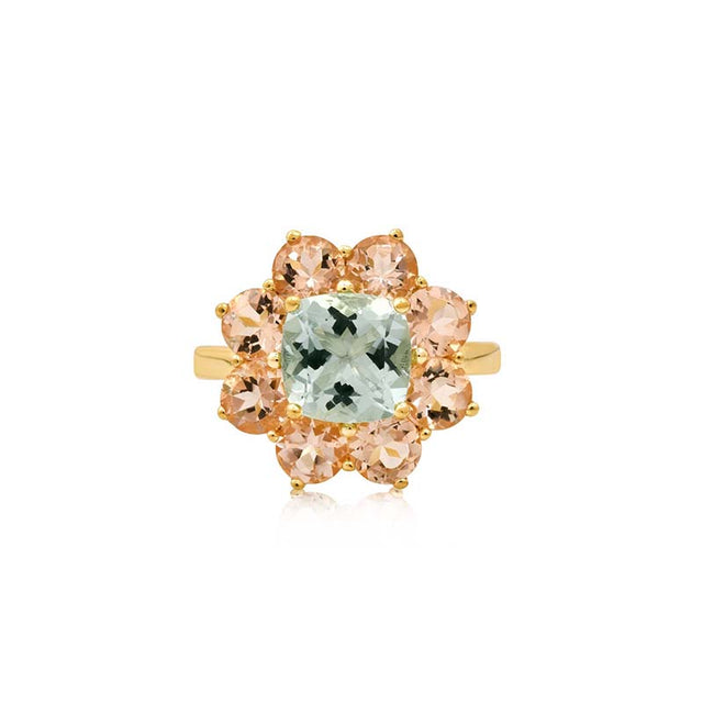 Statement Morganite Flower Ring with Aquamarine Center