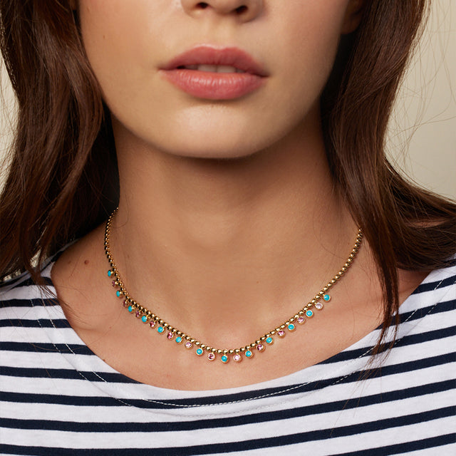 Bezel Tennis Necklace with 1/3 Pink Sapphire & Turquoise Bezel Accents