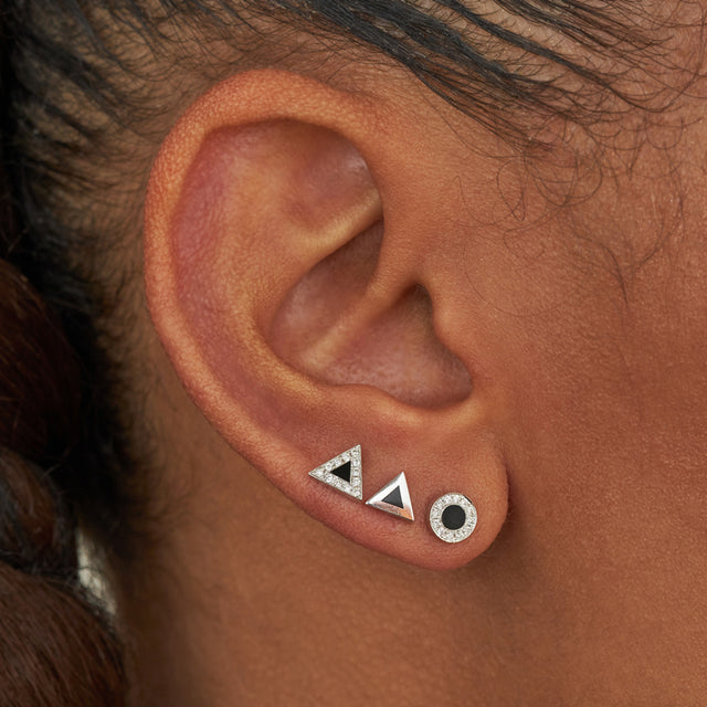 White Gold Onyx Inlay Circle Studs with Diamonds