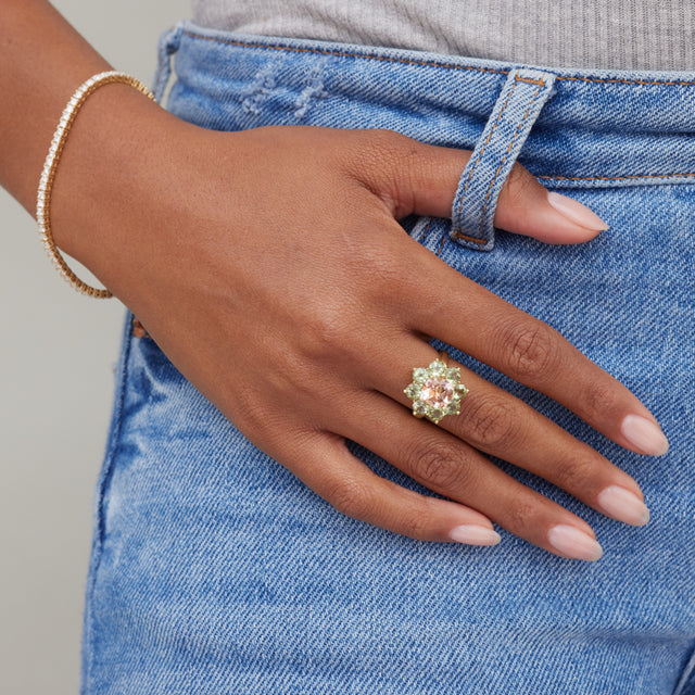 Statement Mint Tourmaline Flower Ring With Morganite Center