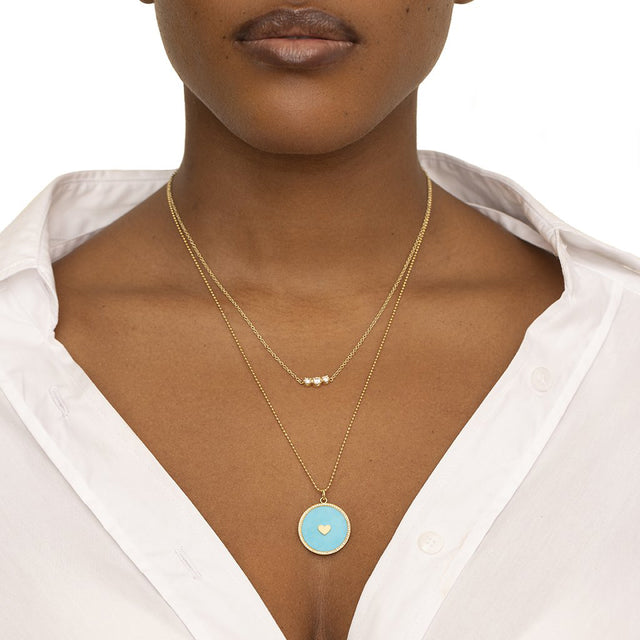Turquoise Inlay Circle Pendant with Diamonds and Heart Detail