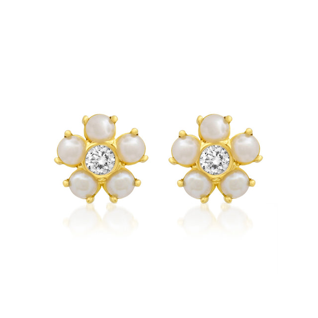 Large Pearl Flower Studs with Diamond Center