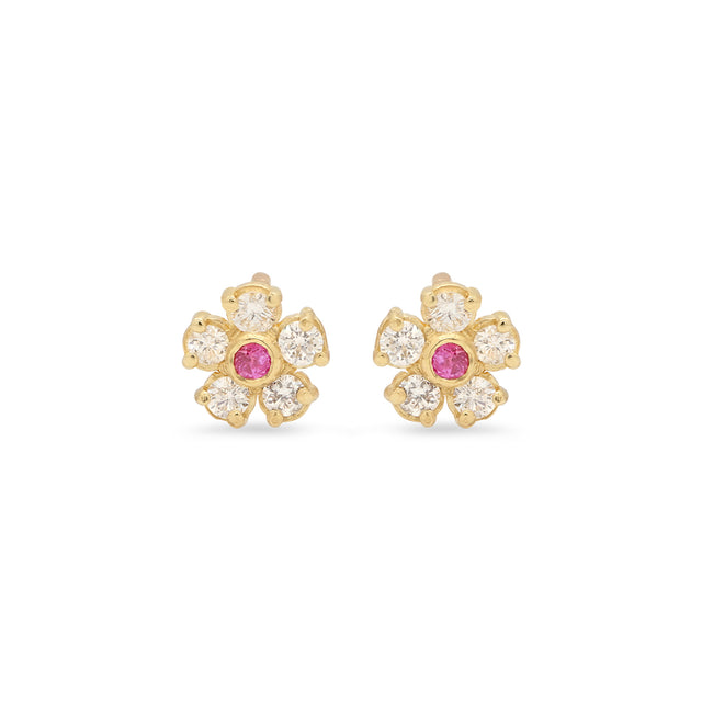 Diamond Flower Studs with Pink Sapphire Center