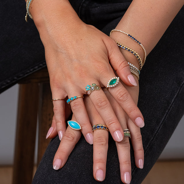 Blue Sapphire Flower Ring with Diamond Center