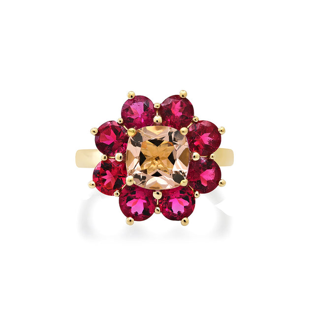 Statement Rubellite Flower Ring with Morganite Center