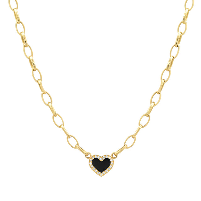 Small Edith Link Necklace with Onyx Inlay Heart with Diamonds