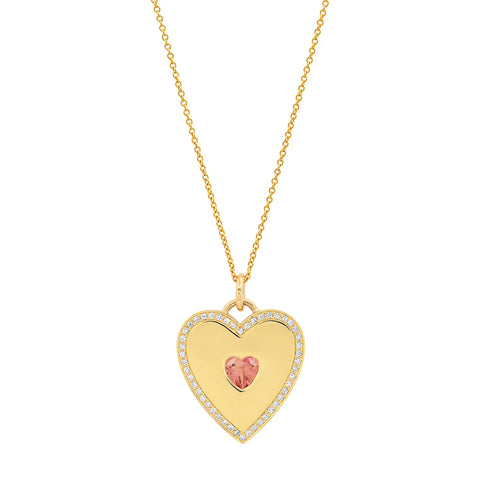 Heart Pendant Necklace with Pink Tourmaline Center and Diamonds