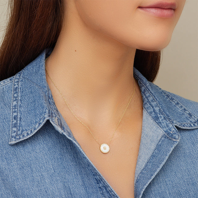 Mini Mother of Pearl and Diamond Inlay Evil Eye Necklace