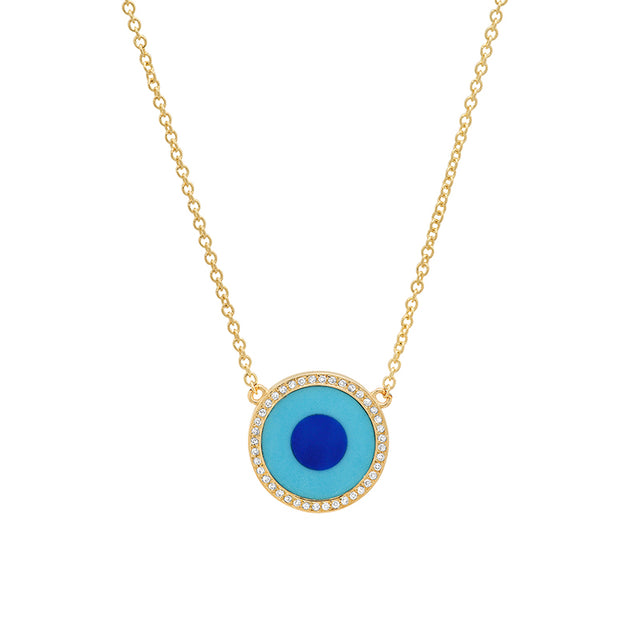 Mini Turquoise Inlay Evil Eye Necklace with Diamonds