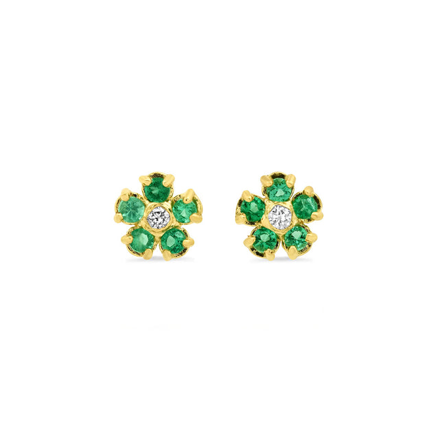 Emerald Flower Studs with Diamond Center