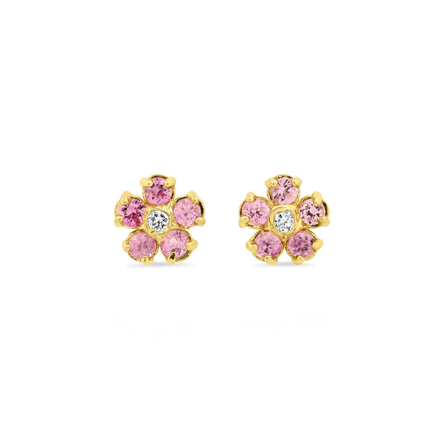 Pink Sapphire Flower Studs with Diamond Center