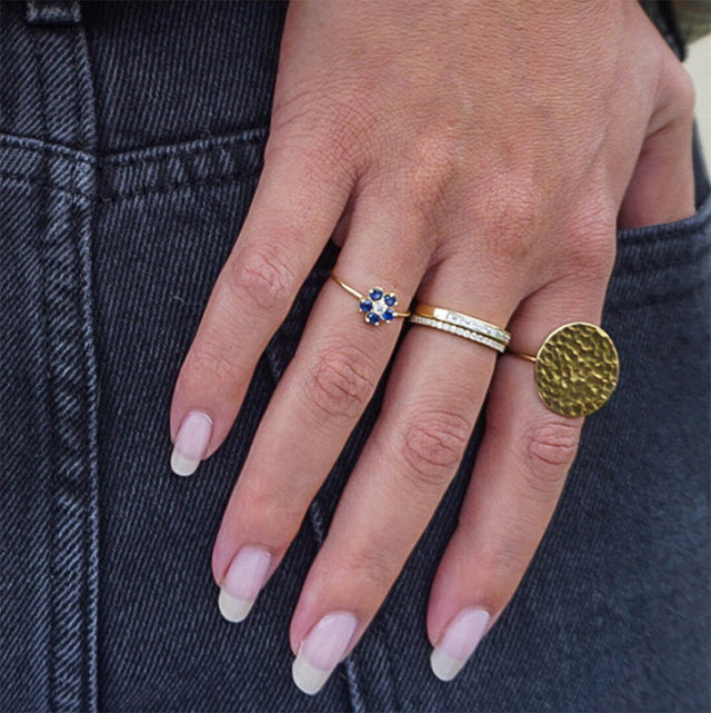Large Blue Sapphire Flower Ring with Diamond Center