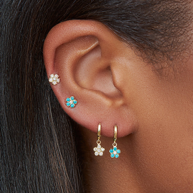 Single Turquoise Flower Stud with Diamond Center