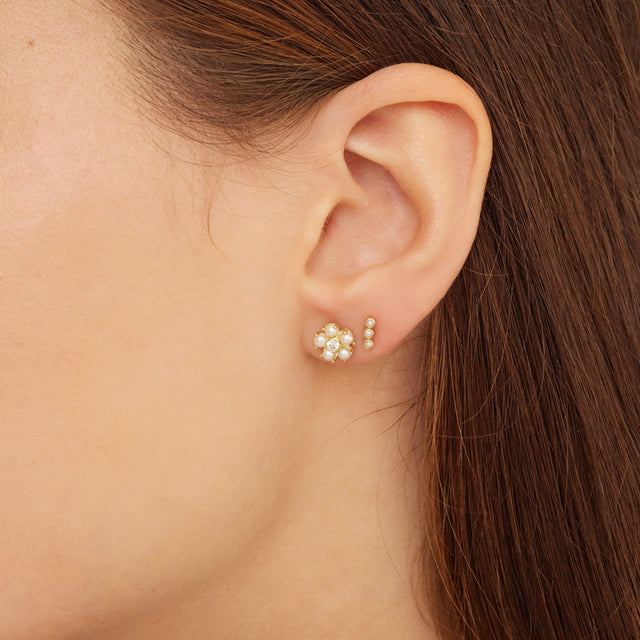 Large Pearl Flower Studs with Diamond Center