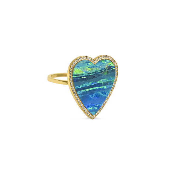 Blue Boulder Opal Inlay Heart Ring with Diamonds