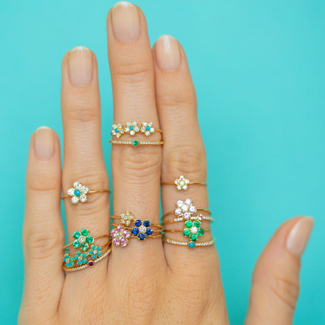 Large Emerald Flower Ring with Diamond Center