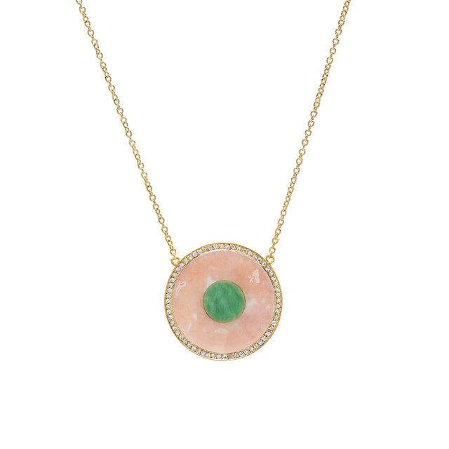 Pink Opal and Green Turquoise Inlay Evil Eye Necklace with Diamonds