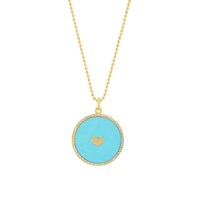 Turquoise Inlay Circle Pendant with Diamonds and Heart Detail