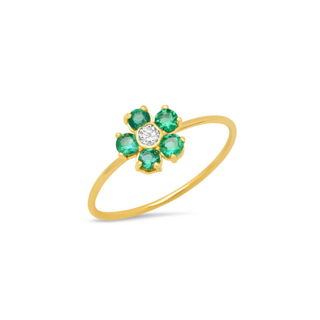 Large Emerald Flower Ring with Diamond Center