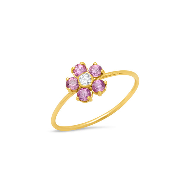 Large Pink Sapphire Flower Ring with Diamond Center