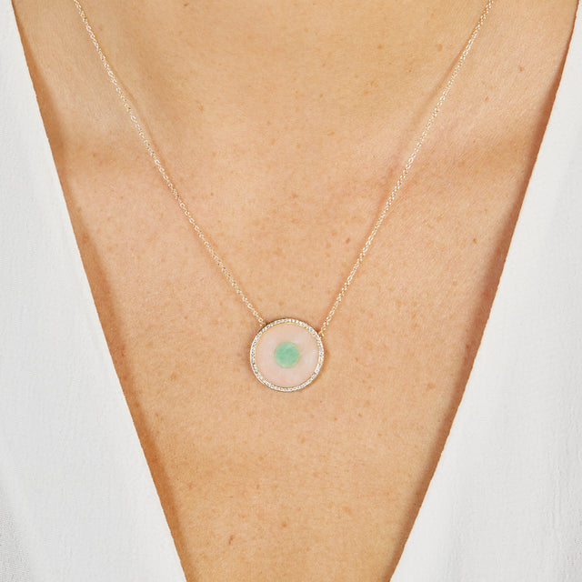 Pink Opal and Green Turquoise Inlay Evil Eye Necklace with Diamonds