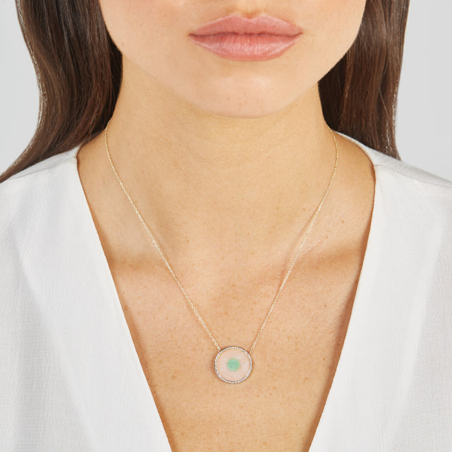 Pink Opal and Green Turquoise Inlay Evil Eye Necklace with Diamonds