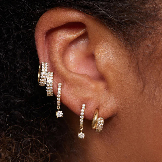 Small Diamond Huggies with 4-Prong Set Diamond Drop