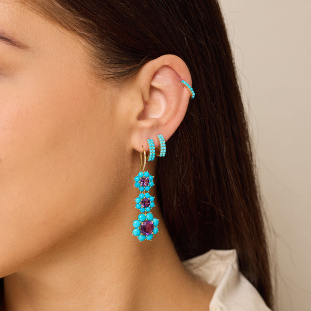 Graduated Statement Turquoise and Amethyst Flower Earrings
