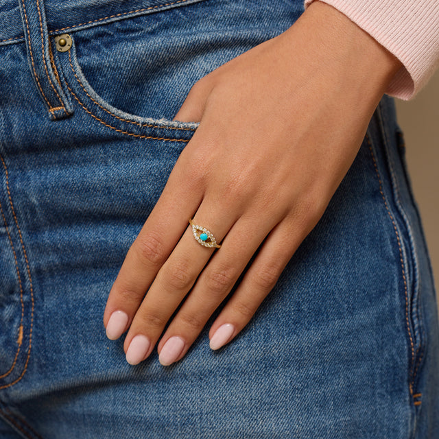 Medium Diamond Open Evil Eye Ring with Turquoise Center