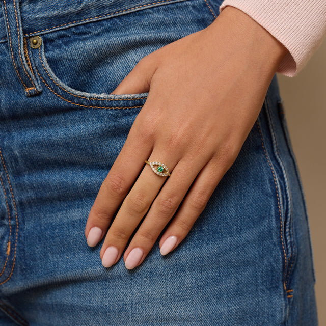 Medium Diamond Open Evil Eye Ring with Emerald Center