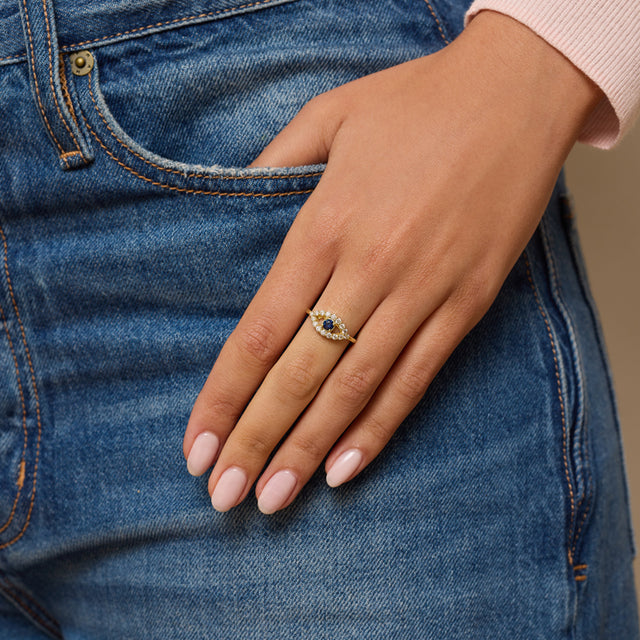 Medium Diamond Open Evil Eye Ring with Sapphire Center