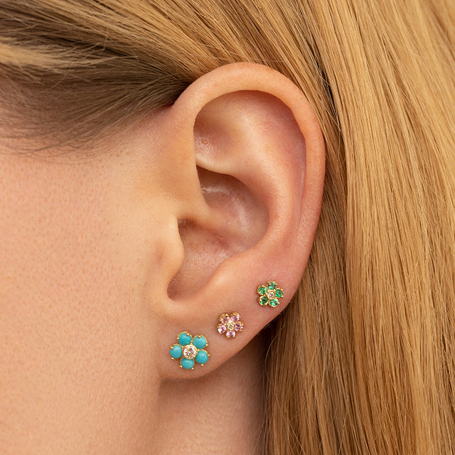 Single Pink Sapphire Flower Studs with Diamond Center