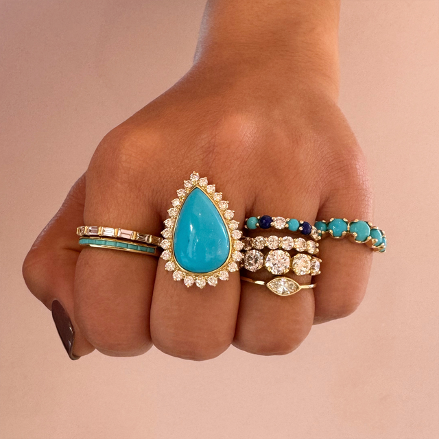 Cabochon, Pear-Cut Turquoise with 3-Prong Diamond Surround Ring