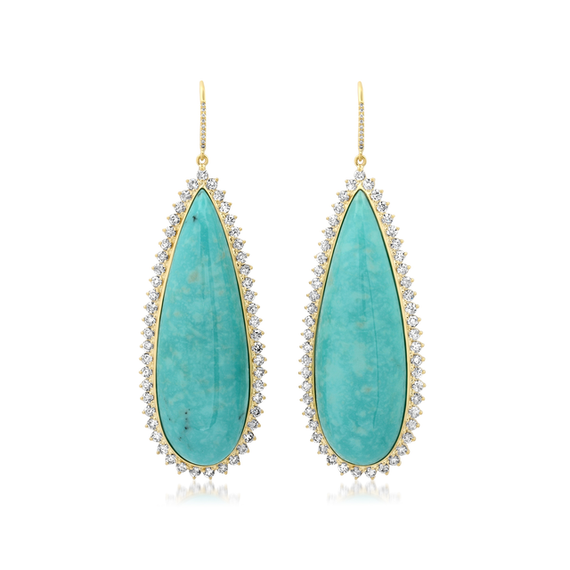 Teardrop Turquoise Cabochon Earrings with Diamonds