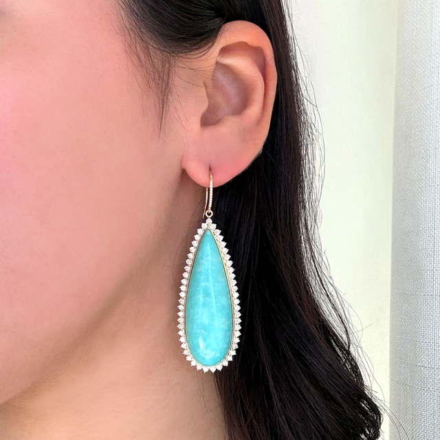Teardrop Turquoise Cabochon Earrings with Diamonds