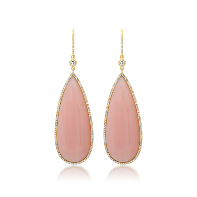 Teardrop Pink Opal Cabochon Earrings with Diamonds