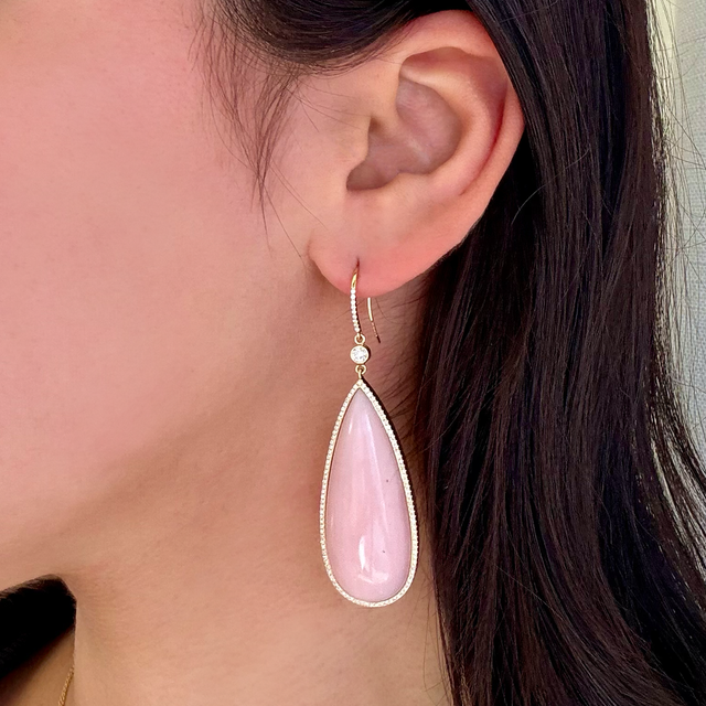 Teardrop Pink Opal Cabochon Earrings with Diamonds