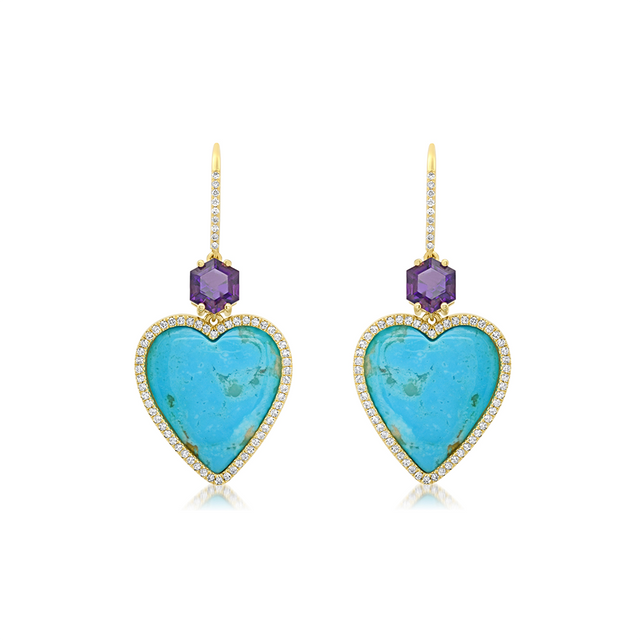 Turquoise Cabochon Heart and Amethyst Drop Earrings with Diamonds