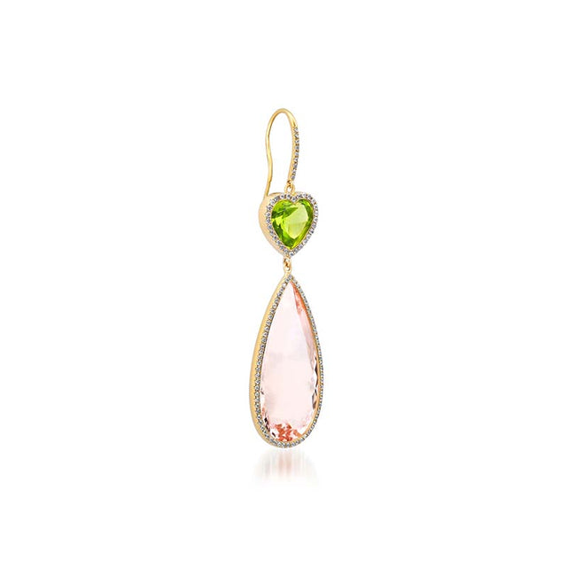 One-of-a-Kind Peridot Heart and Morganite Teardrop Earrings