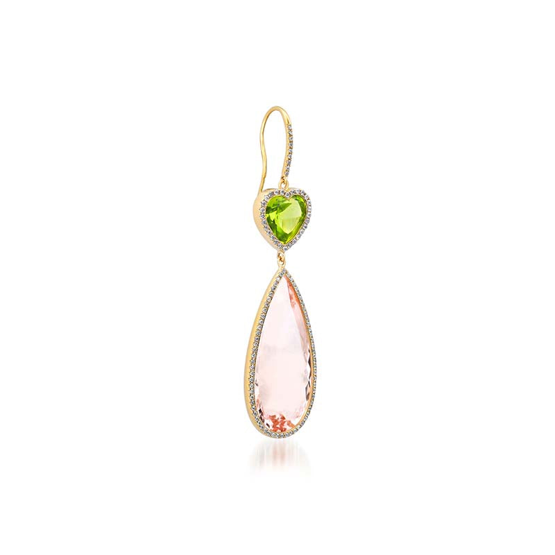 One-of-a-Kind Peridot Heart and Morganite Teardrop Earrings