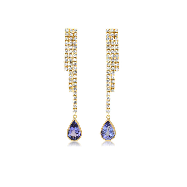 Cascading 4-Prong Diamond Tennis Studs with Tanzanite Drops